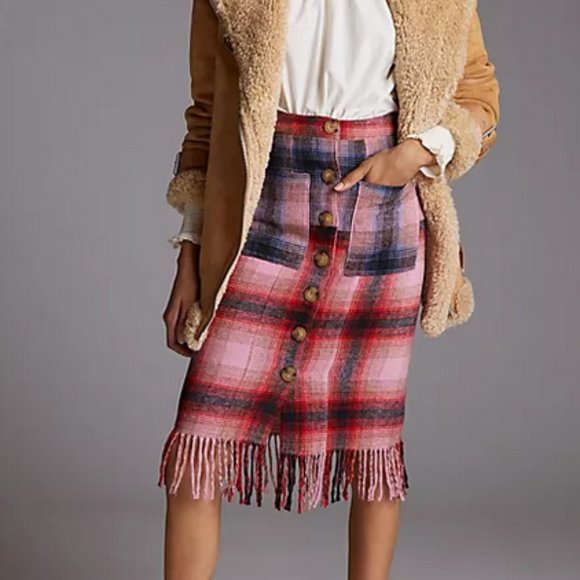Anthropologie Maeve 10 NWT Fringed Plaid Mini Skirt Fringe Button Midi Pink